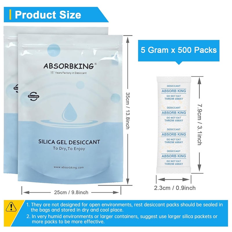 Absorbking Silica Gel Packets – 500 Packs 5 Gram Moisture Absorbers Food Grade Silica Packets, Premium Desiccant Packs for Storage, Color Indicating Desiccant for Spices, Jewelry, Shoes, Electronics, Tool Box - Image 2